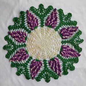 Vintage Handmade Crochet 3D GRAPES Table Mat Round Doily  - Beautiful Colors